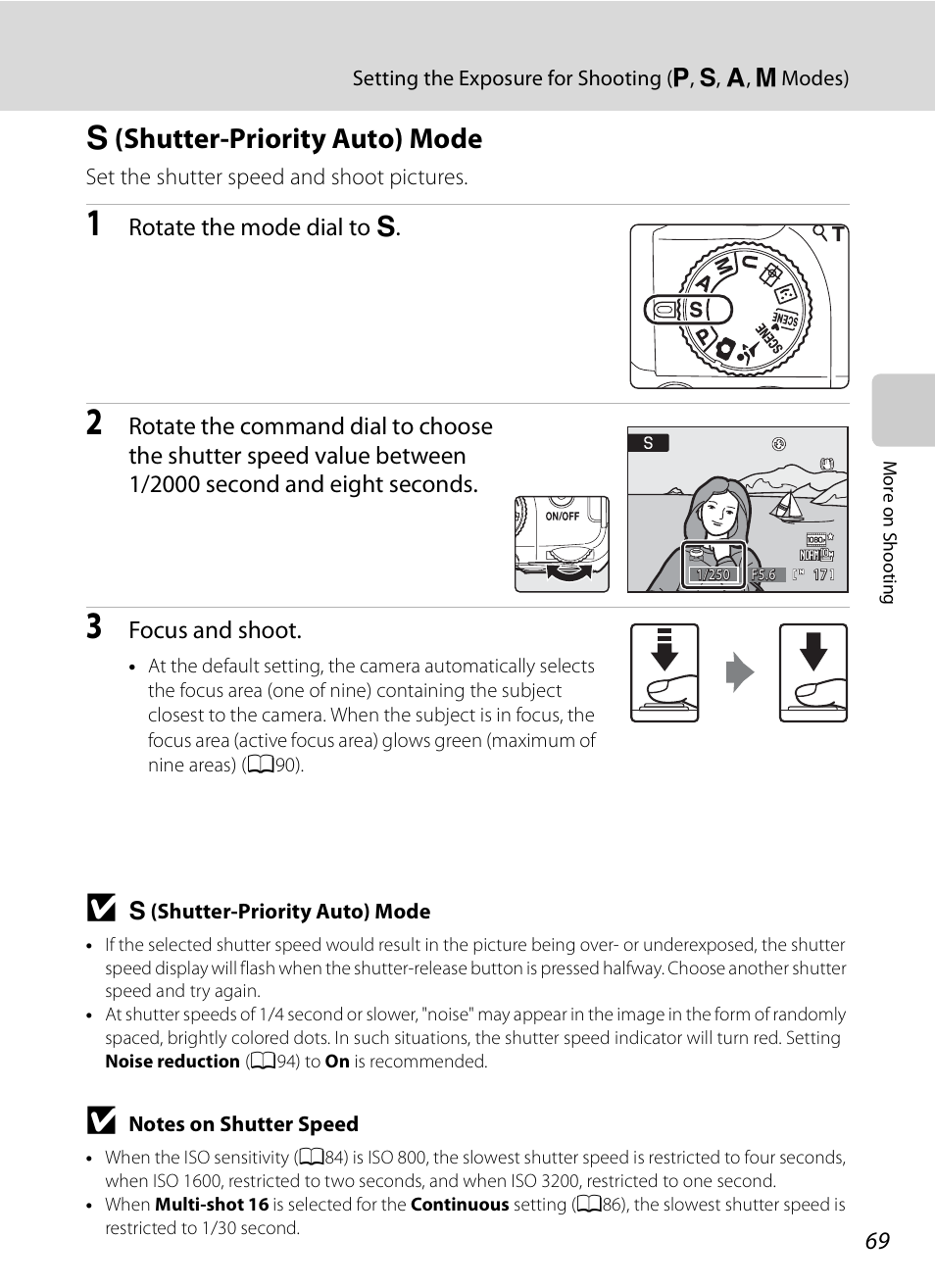 S (shutter-priority auto) mode, B (shutter-priority auto) mode, Rotate the mode dial to b | Focus and shoot | Nikon COOLPIX-P100 User Manual | Page 81 / 216