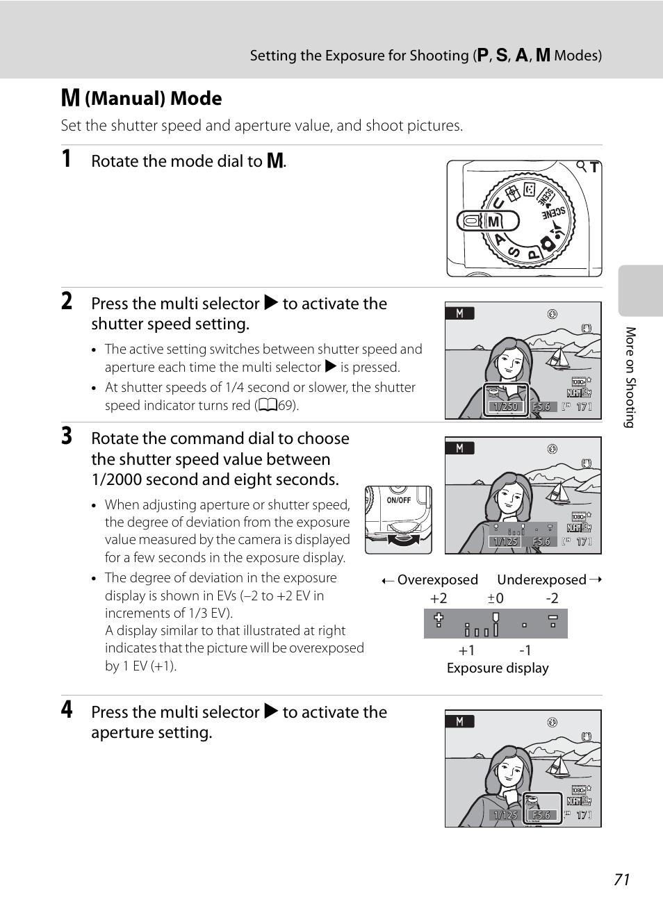 M (manual) mode, D (manual) mode, A71) | Rotate the mode dial to d | Nikon COOLPIX-P100 User Manual | Page 83 / 216