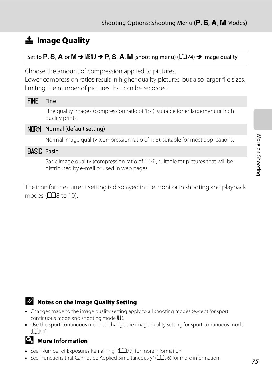 Image quality, Q image quality, A75) | A75) o | Nikon COOLPIX-P100 User Manual | Page 87 / 216