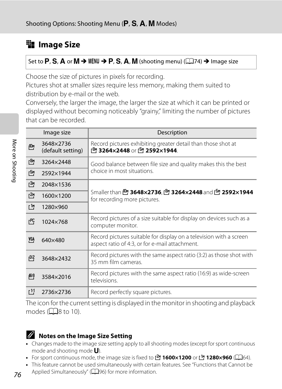 Image size, R image size, A76) | S (a76, A76) se | Nikon COOLPIX-P100 User Manual | Page 88 / 216