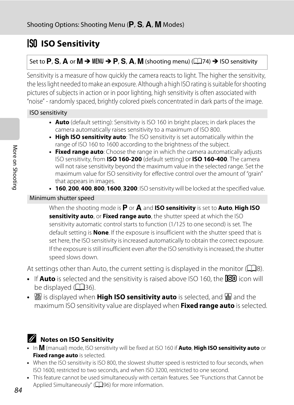 Iso sensitivity, E iso sensitivity, A84) | Nikon COOLPIX-P100 User Manual | Page 96 / 216