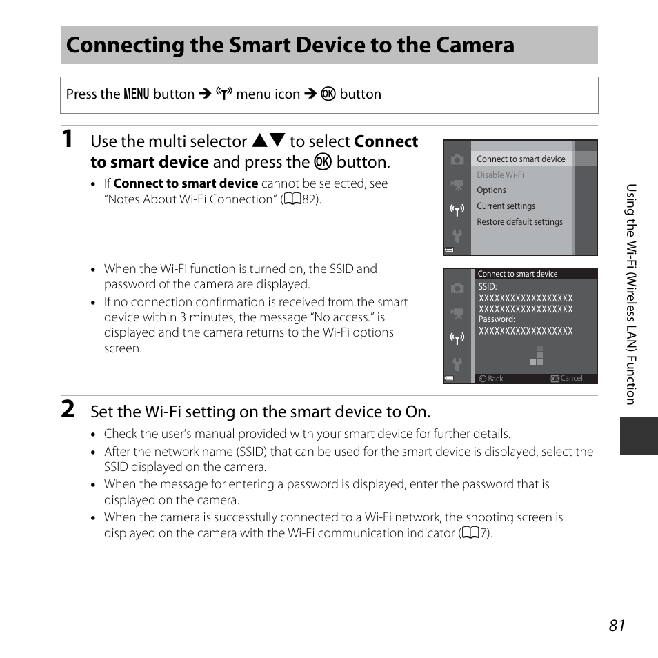 Connecting the smart device to the camera, Set the wi-fi setting on the smart device to on | Nikon S6800 User Manual | Page 103 / 240