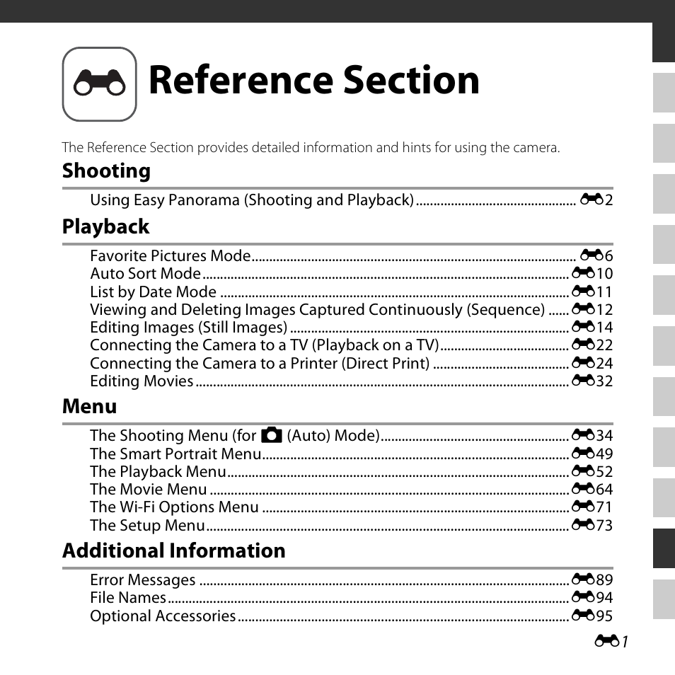 Reference section, Shooting, Playback | Menu, Additional information | Nikon S6800 User Manual | Page 113 / 240