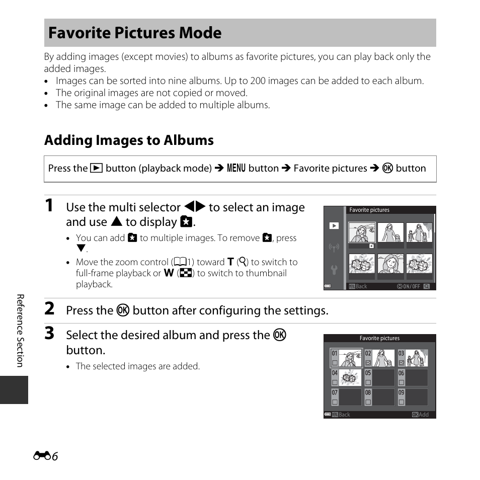 Favorite pictures mode, Adding images to albums, Press the k button after configuring the settings | Select the desired album and press the k button | Nikon S6800 User Manual | Page 118 / 240