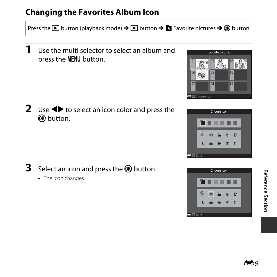 Changing the favorites album icon, Select an icon and press the k button | Nikon S6800 User Manual | Page 121 / 240