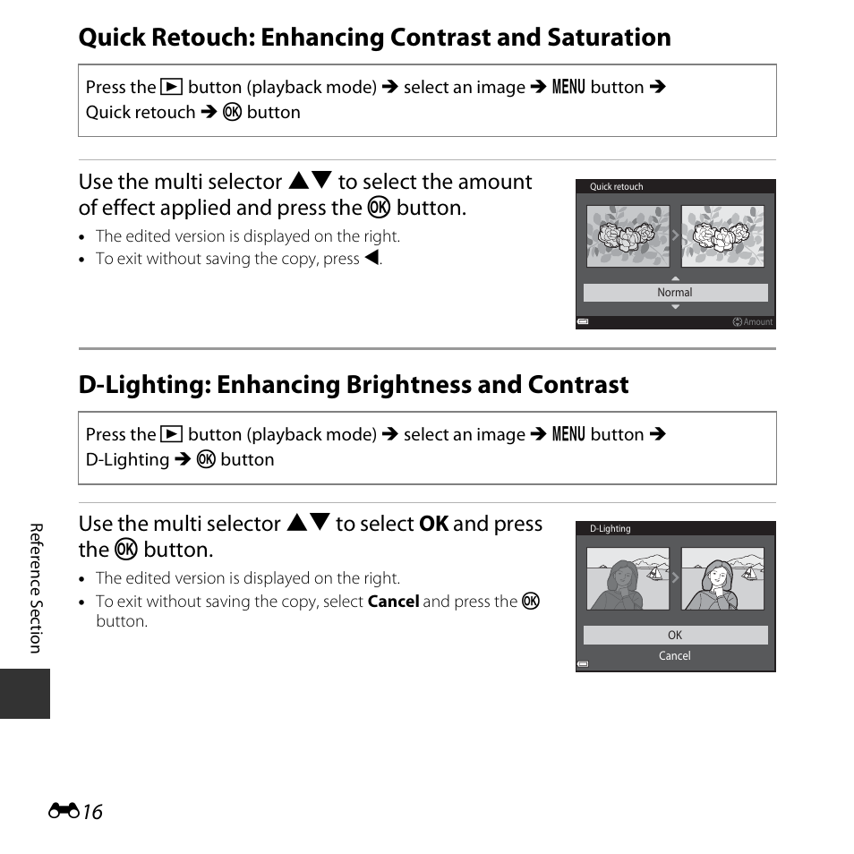 Quick retouch: enhancing contrast and saturation, D-lighting: enhancing brightness and contrast | Nikon S6800 User Manual | Page 128 / 240