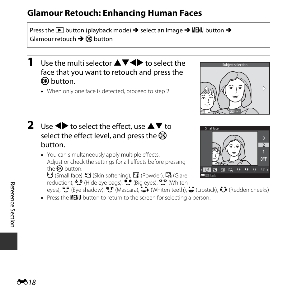 Glamour retouch: enhancing human faces | Nikon S6800 User Manual | Page 130 / 240