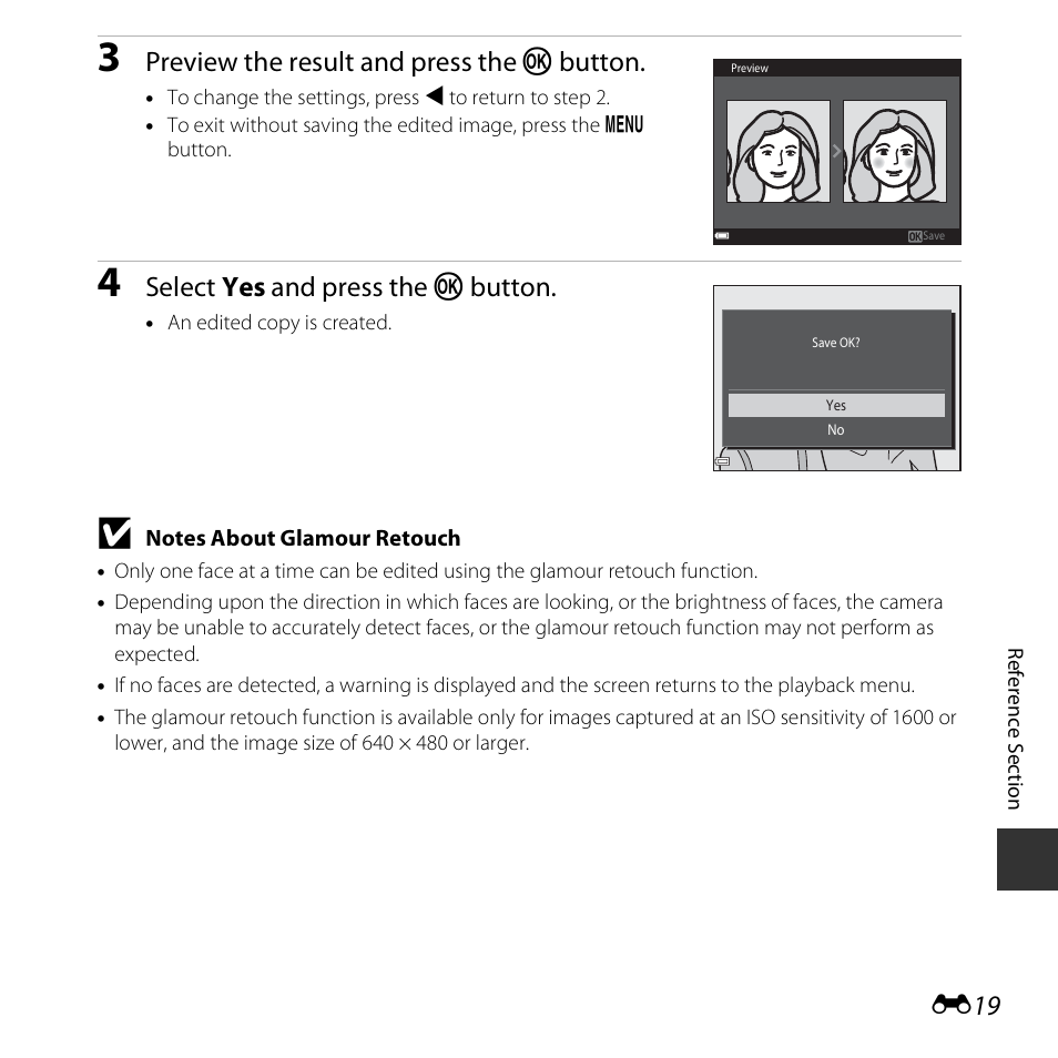 Preview the result and press the k button, Select yes and press the k button | Nikon S6800 User Manual | Page 131 / 240