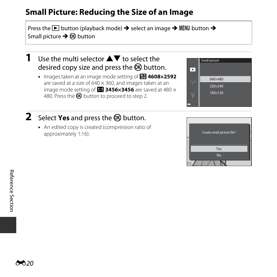 Small picture: reducing the size of an image, Select yes and press the k button | Nikon S6800 User Manual | Page 132 / 240