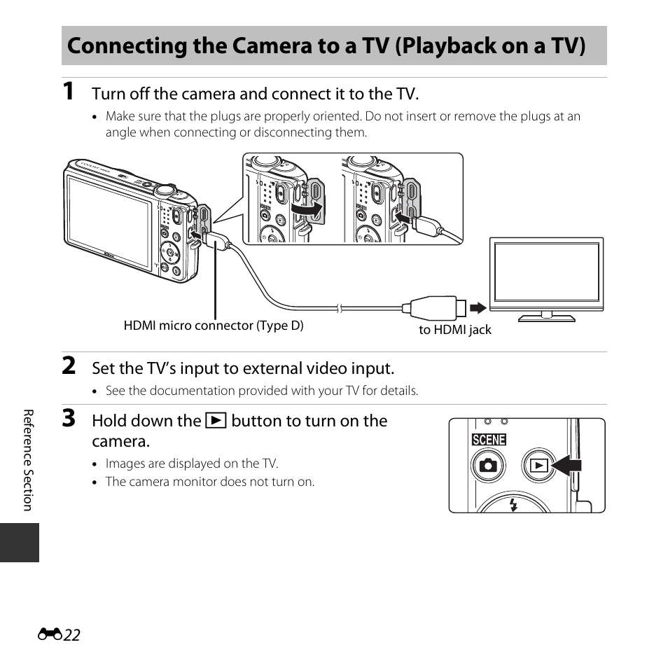 Connecting the camera to a tv (playback on a tv) | Nikon S6800 User Manual | Page 134 / 240