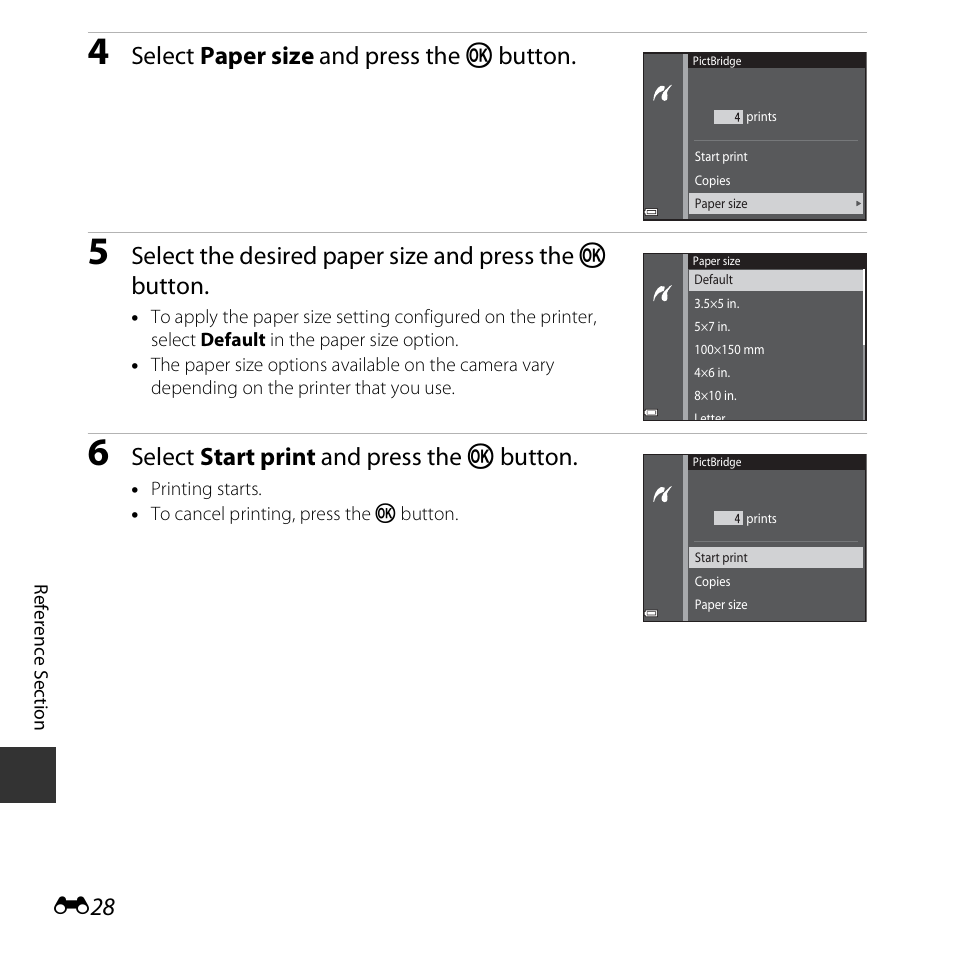 Select paper size and press the k button, Select start print and press the k button | Nikon S6800 User Manual | Page 140 / 240