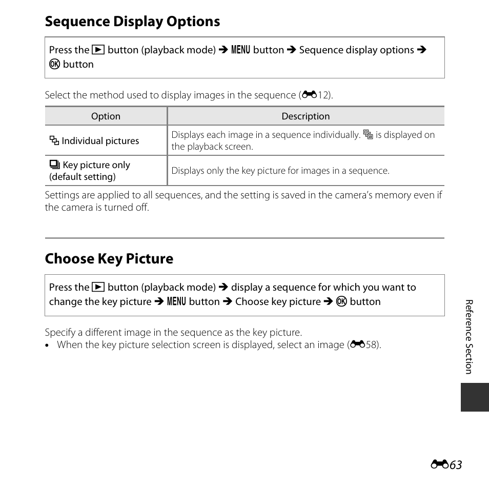 Sequence display options, Choose key picture, E63) | Nikon S6800 User Manual | Page 175 / 240