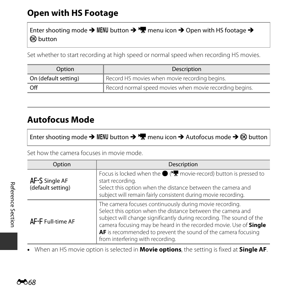 Open with hs footage, Autofocus mode, E68) | Nikon S6800 User Manual | Page 180 / 240