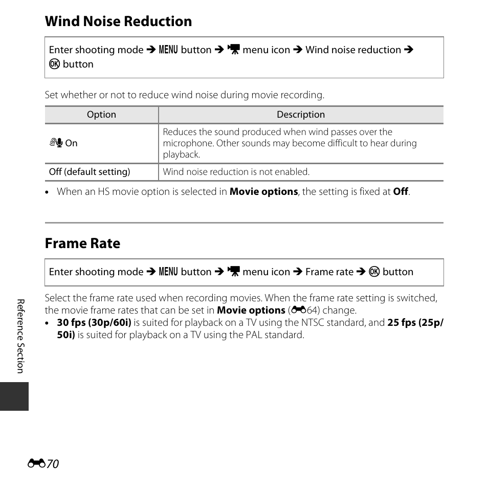 Wind noise reduction, Frame rate | Nikon S6800 User Manual | Page 182 / 240