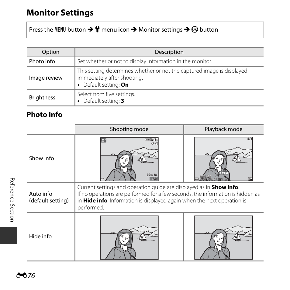 Monitor settings, Photo info | Nikon S6800 User Manual | Page 188 / 240