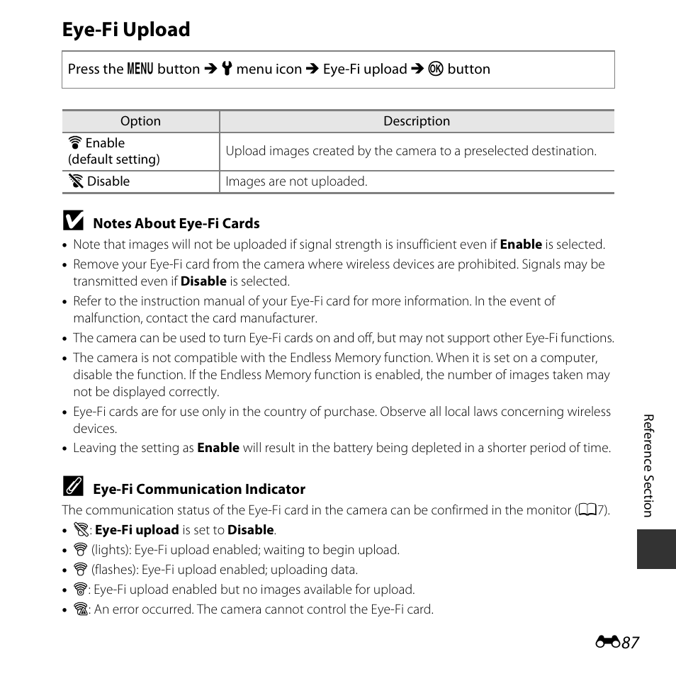 Eye-fi upload, E87) is | Nikon S6800 User Manual | Page 199 / 240