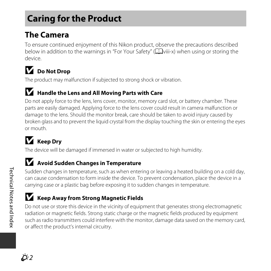 Caring for the product, The camera | Nikon S6800 User Manual | Page 210 / 240