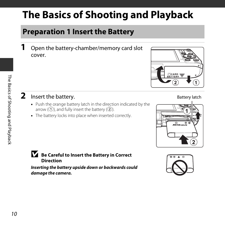 The basics of shooting and playback, Preparation 1 insert the battery, A10) | Nikon S6800 User Manual | Page 32 / 240