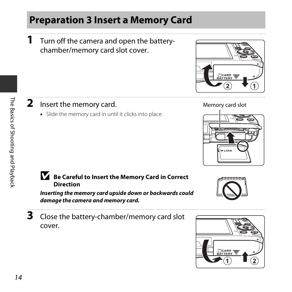 Preparation 3 insert a memory card | Nikon S6800 User Manual | Page 36 / 240