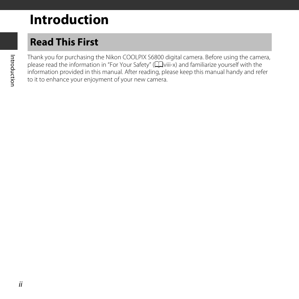 Introduction, Read this first | Nikon S6800 User Manual | Page 4 / 240