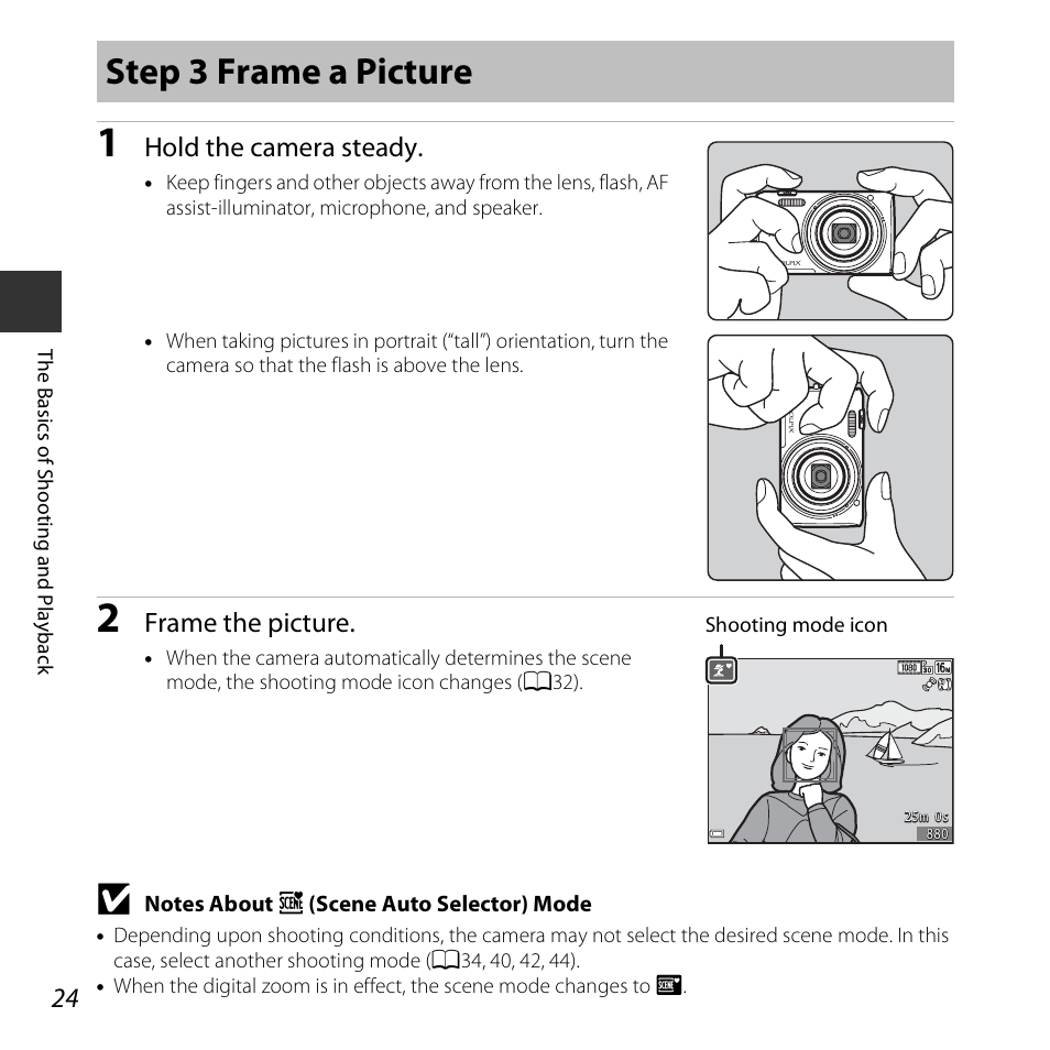 Step 3 frame a picture, Hold the camera steady, Frame the picture | Nikon S6800 User Manual | Page 46 / 240