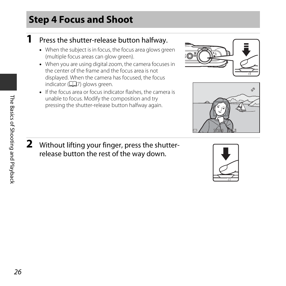 Step 4 focus and shoot, Press the shutter-release button halfway | Nikon S6800 User Manual | Page 48 / 240