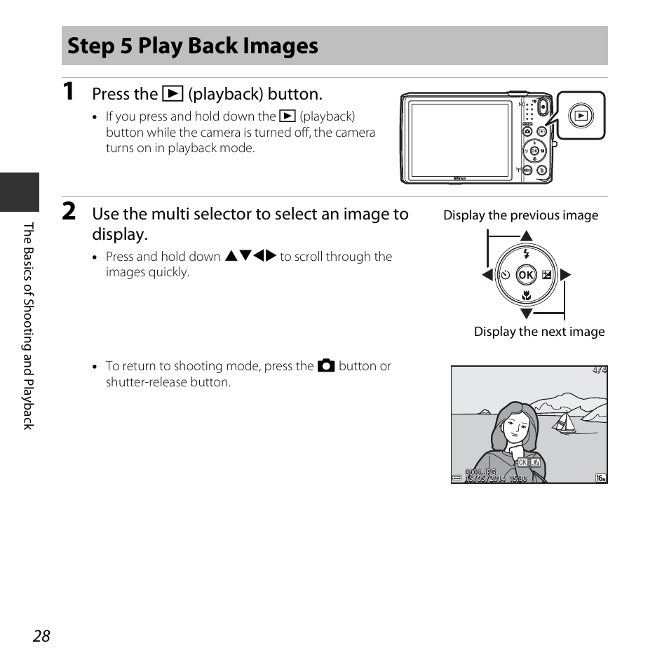 Step 5 play back images, Press the c (playback) button | Nikon S6800 User Manual | Page 50 / 240
