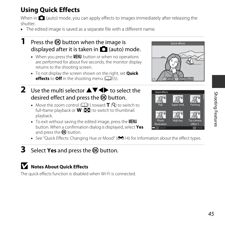 Using quick effects, Select yes and press the k button | Nikon S6800 User Manual | Page 67 / 240