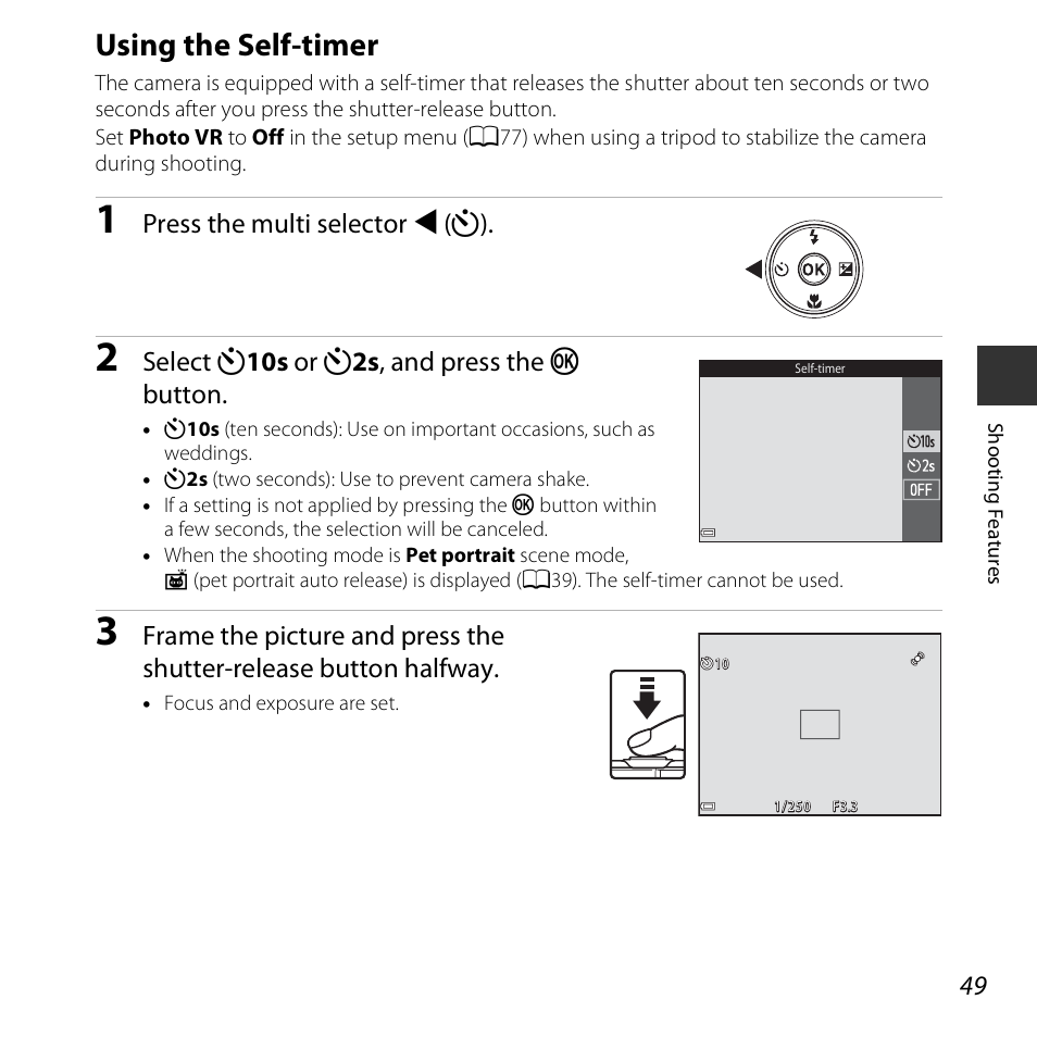 Using the self-timer, A49), Press the multi selector j (n) | Select n 10s or n 2s , and press the k button | Nikon S6800 User Manual | Page 71 / 240