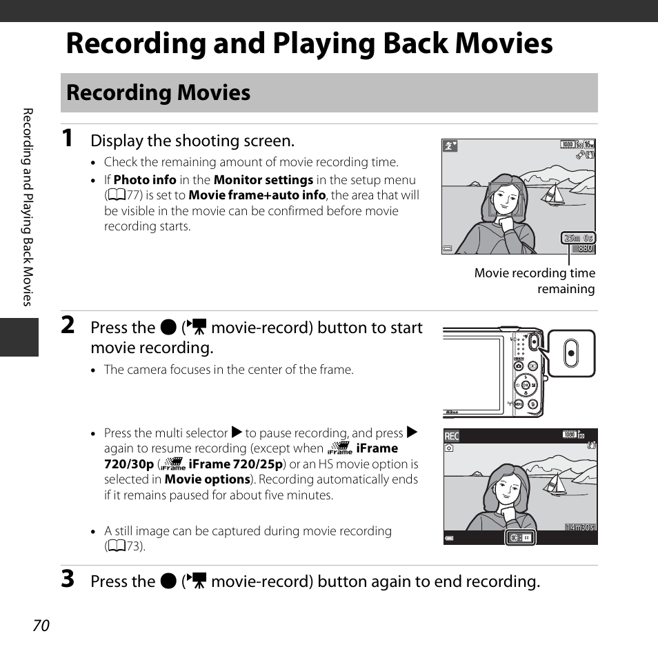 Recording and playing back movies, Recording movies, Display the shooting screen | Nikon S6800 User Manual | Page 92 / 240