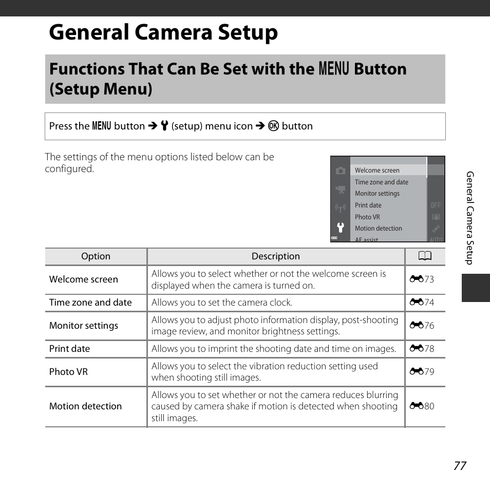 General camera setup, Functions that can be set with the, Button (setup menu) | A77) | Nikon S6800 User Manual | Page 99 / 240