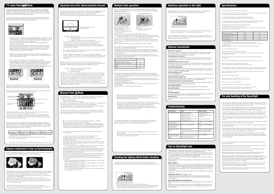 Ttl auto flash mode ttl, Checking the lighting effects before shooting, Manual flash mode m | Multiple flash operation optional accessories, Autofocus operation in dim light, Specifications, Tips on speedlight care troubleshooting, For safe handling of the speedlight | Nikon SB-29 User Manual | Page 2 / 2