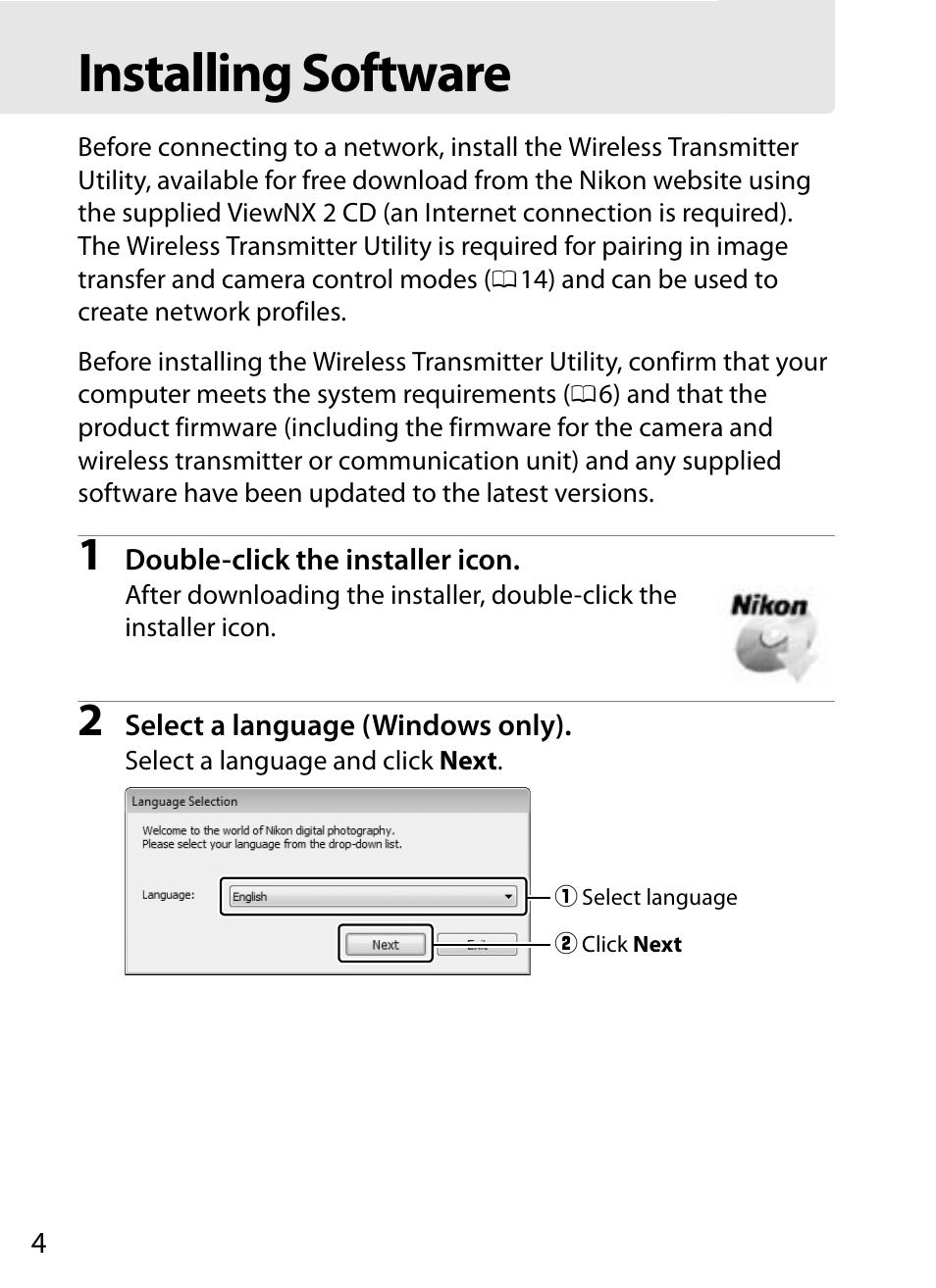 Installing software | Nikon D4S User Manual | Page 14 / 100