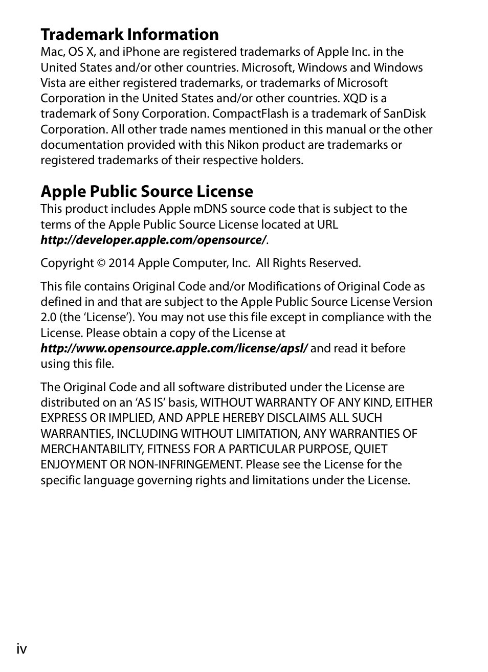 Trademark information, Apple public source license | Nikon D4S User Manual | Page 4 / 100