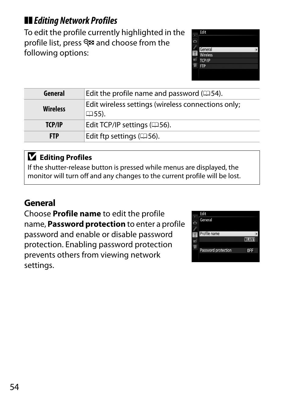 Editing network profiles, General | Nikon D4S User Manual | Page 64 / 100