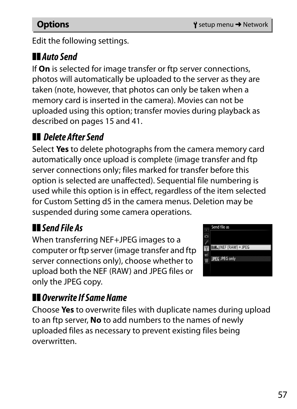 Auto send, Delete after send, Send file as | Overwrite if same name | Nikon D4S User Manual | Page 67 / 100