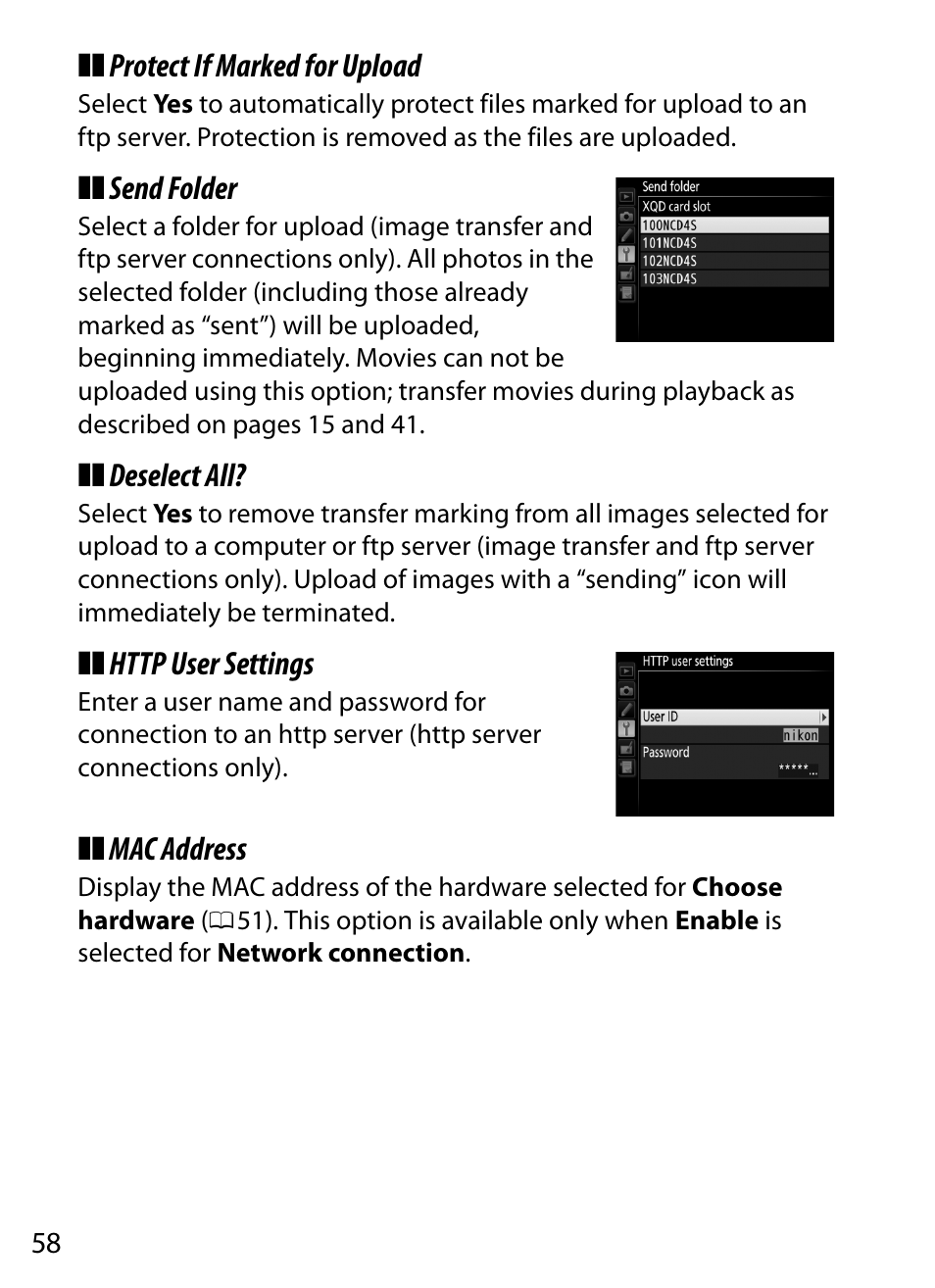 Protect if marked for upload, Send folder, Deselect all | Mac address | Nikon D4S User Manual | Page 68 / 100