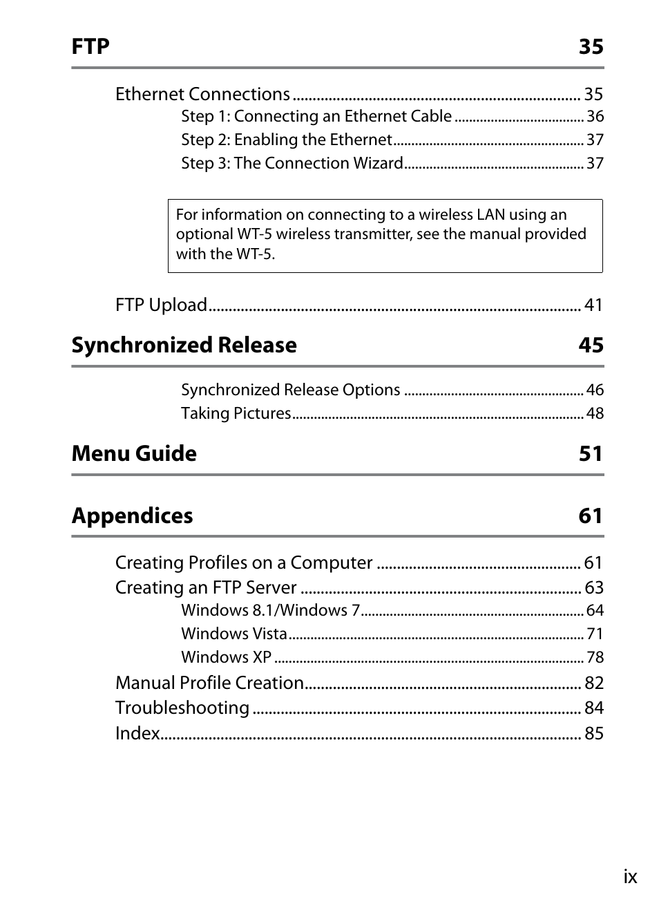 Ftp 35, Synchronized release 45, Menu guide 51 appendices 61 | Nikon D4S User Manual | Page 9 / 100