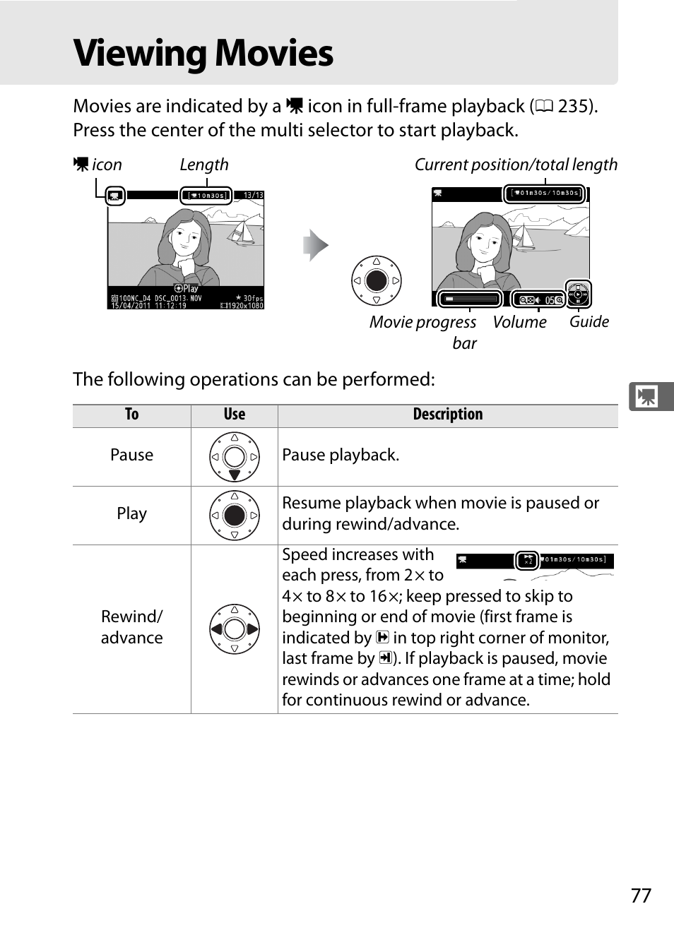 Viewing movies, Back | Nikon D4 User Manual | Page 103 / 484