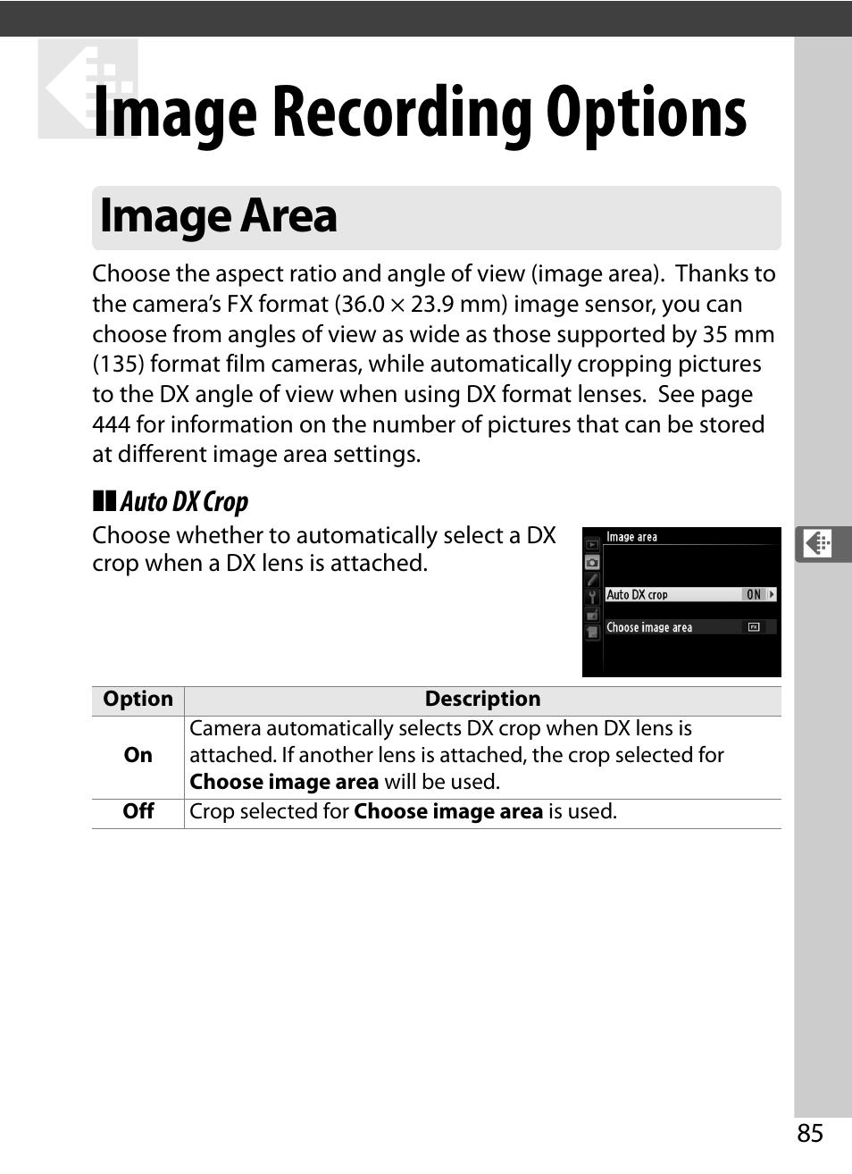 Image recording options, Image area | Nikon D4 User Manual | Page 111 / 484