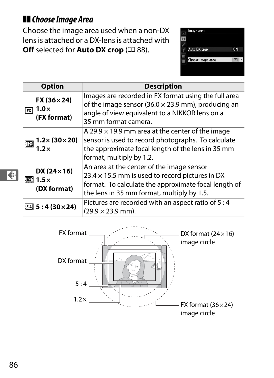 Choose image area | Nikon D4 User Manual | Page 112 / 484