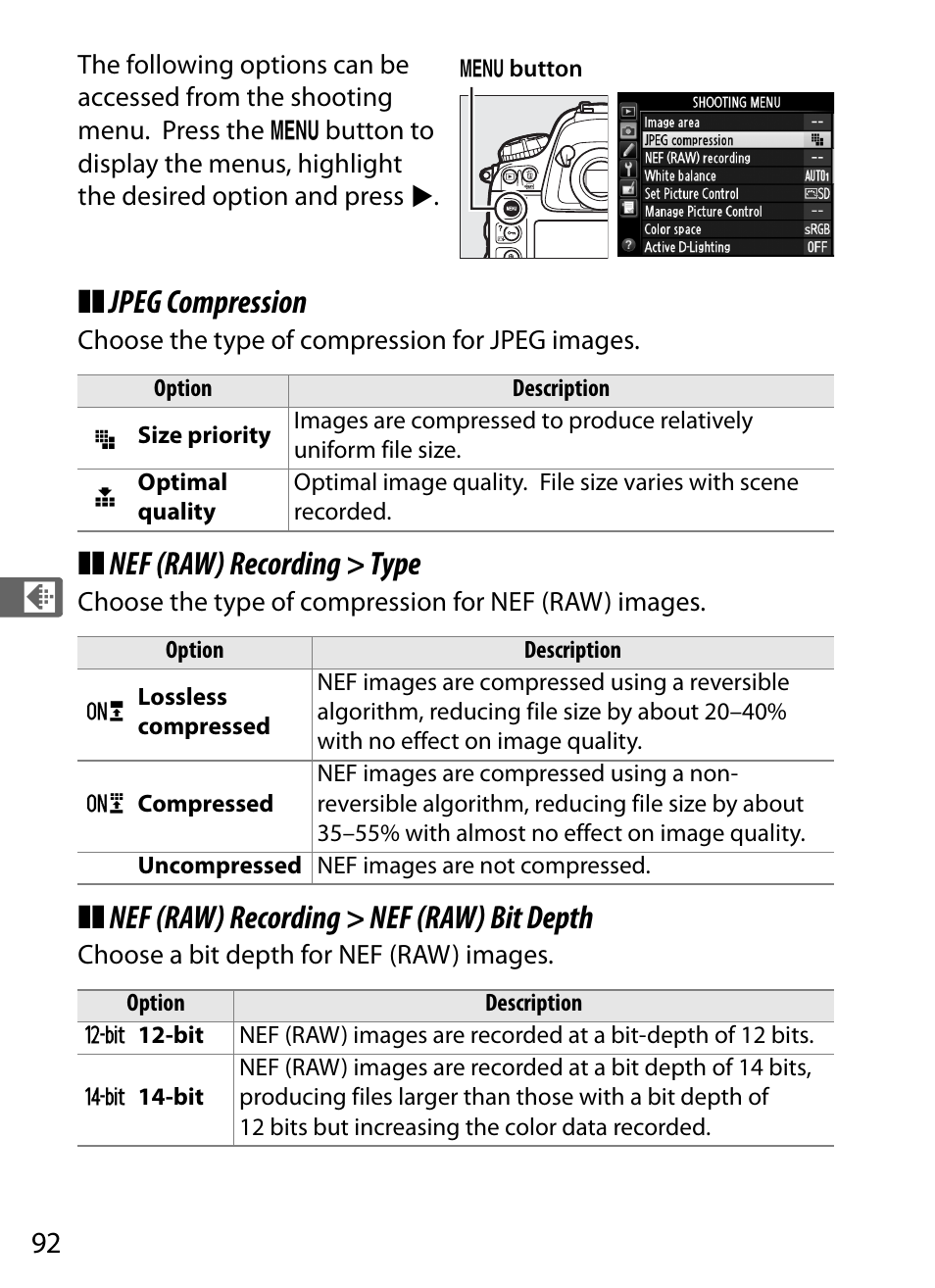 Jpeg compression, Nef (raw) recording > type, Nef (raw) recording > nef (raw) bit depth | Nikon D4 User Manual | Page 118 / 484