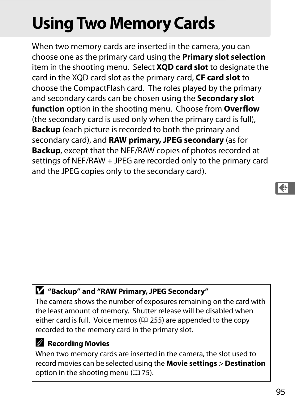 Using two memory cards | Nikon D4 User Manual | Page 121 / 484