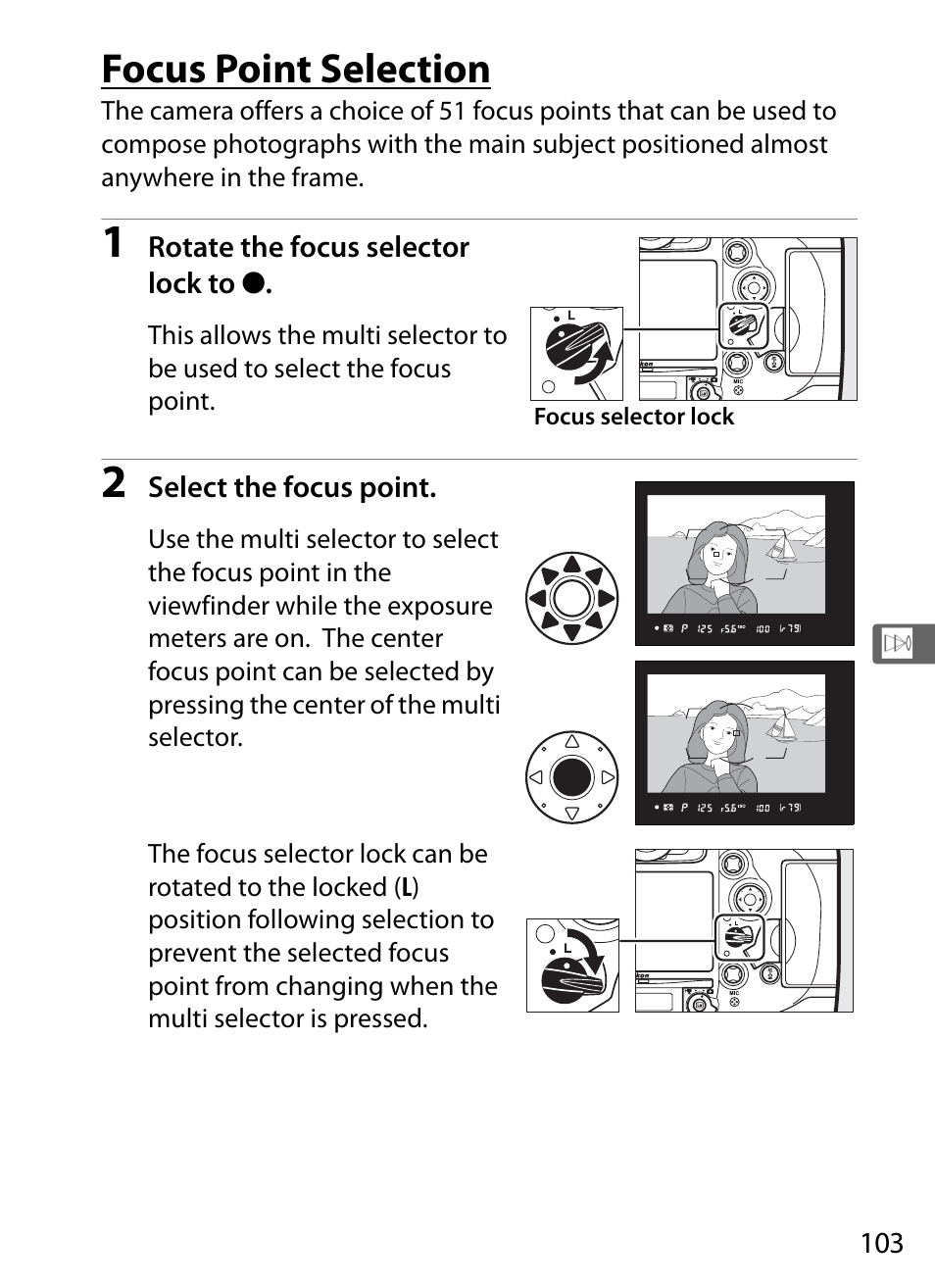 Focus point selection, Cus point, 0 103), and | Nikon D4 User Manual | Page 129 / 484