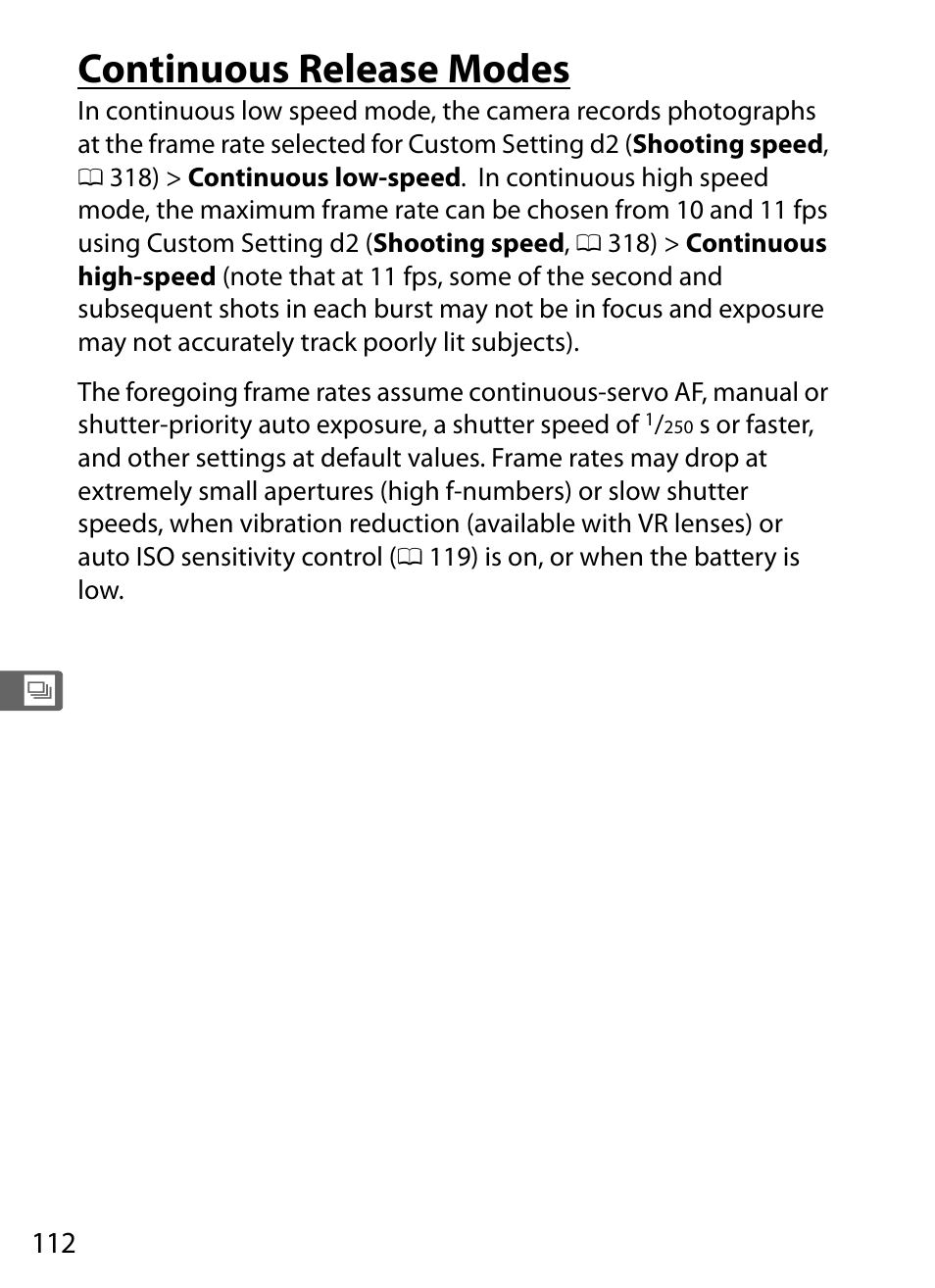 Continuous release modes, 0 112). u | Nikon D4 User Manual | Page 138 / 484