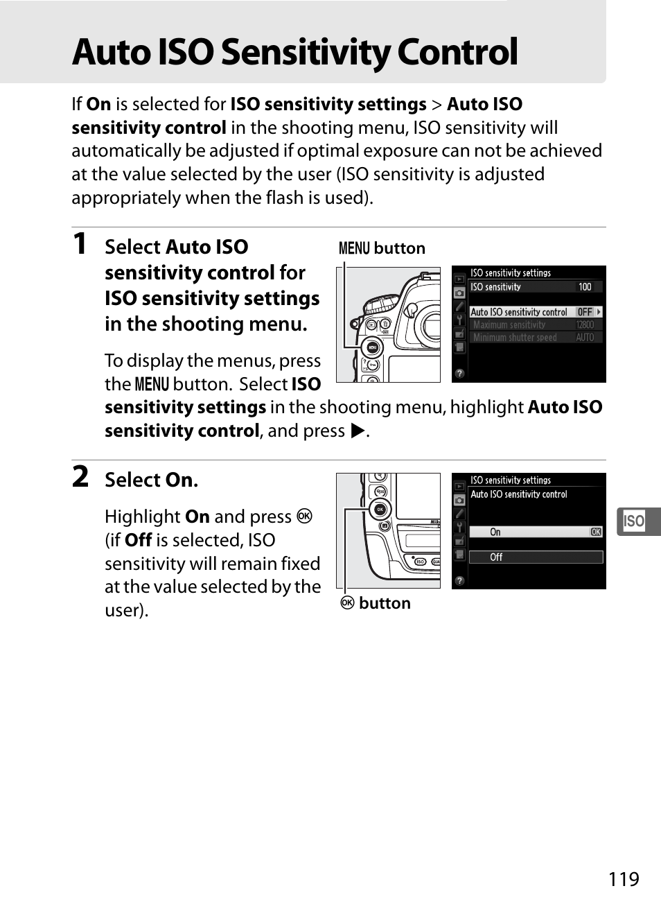 Auto iso sensitivity control | Nikon D4 User Manual | Page 145 / 484