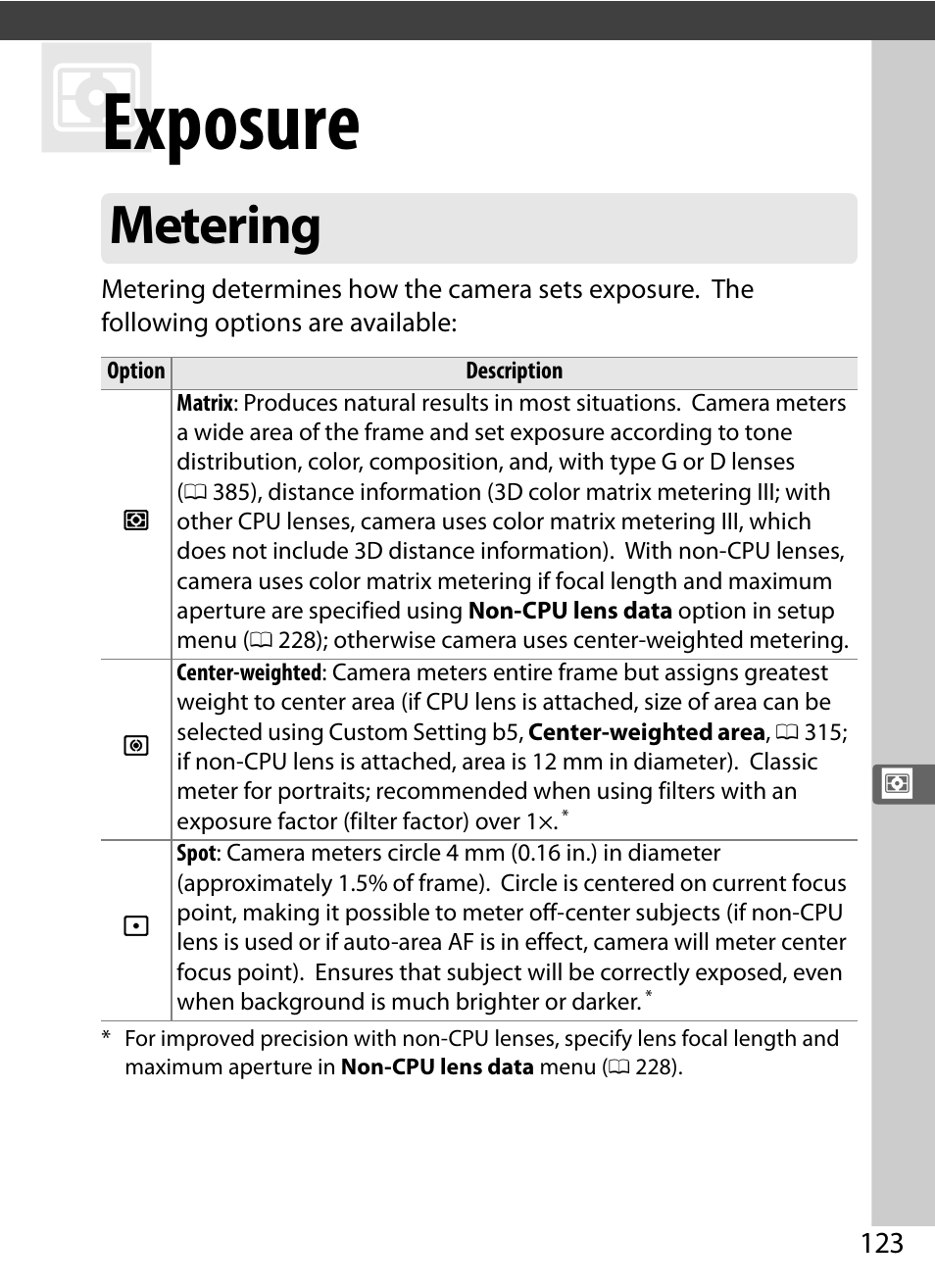 Exposure, Metering | Nikon D4 User Manual | Page 149 / 484