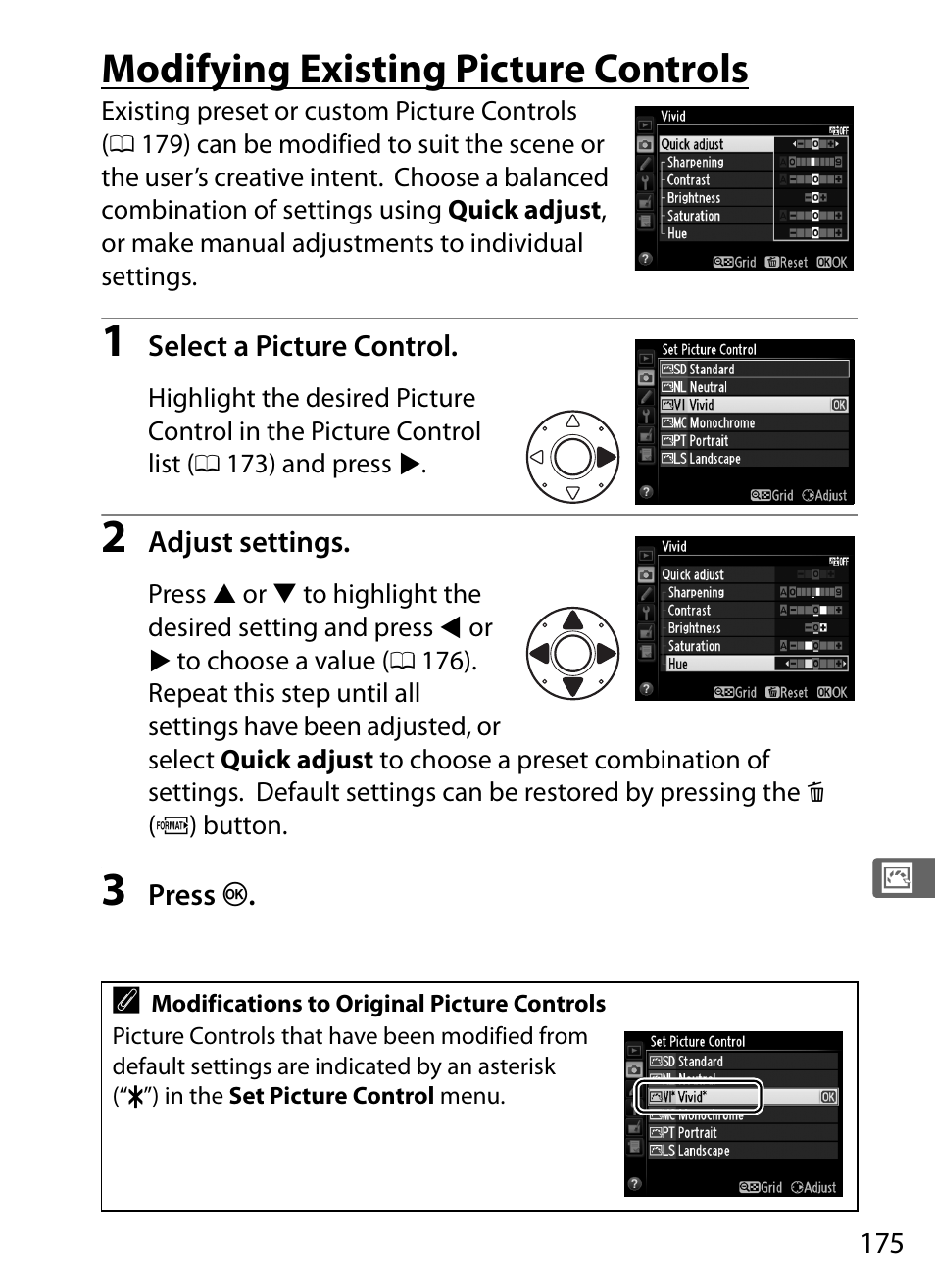 Modifying existing picture controls | Nikon D4 User Manual | Page 201 / 484