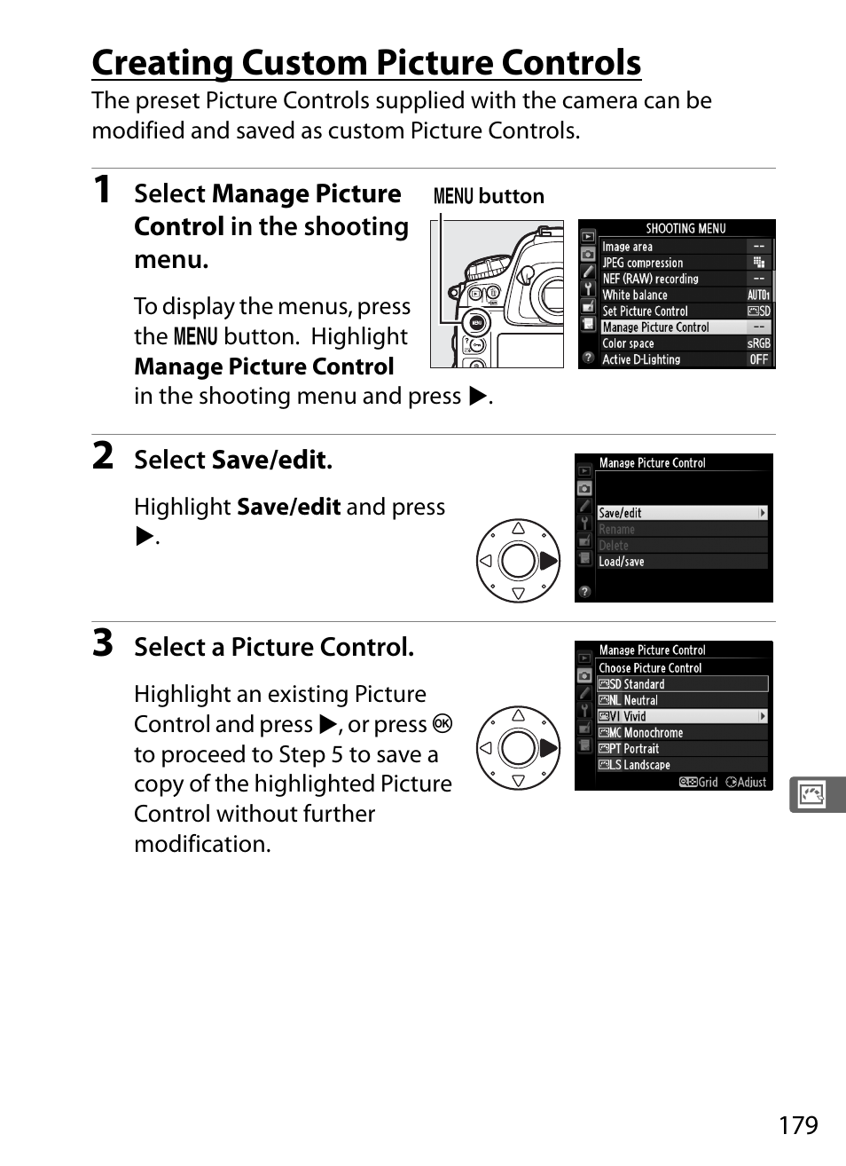 Creating custom picture controls | Nikon D4 User Manual | Page 205 / 484