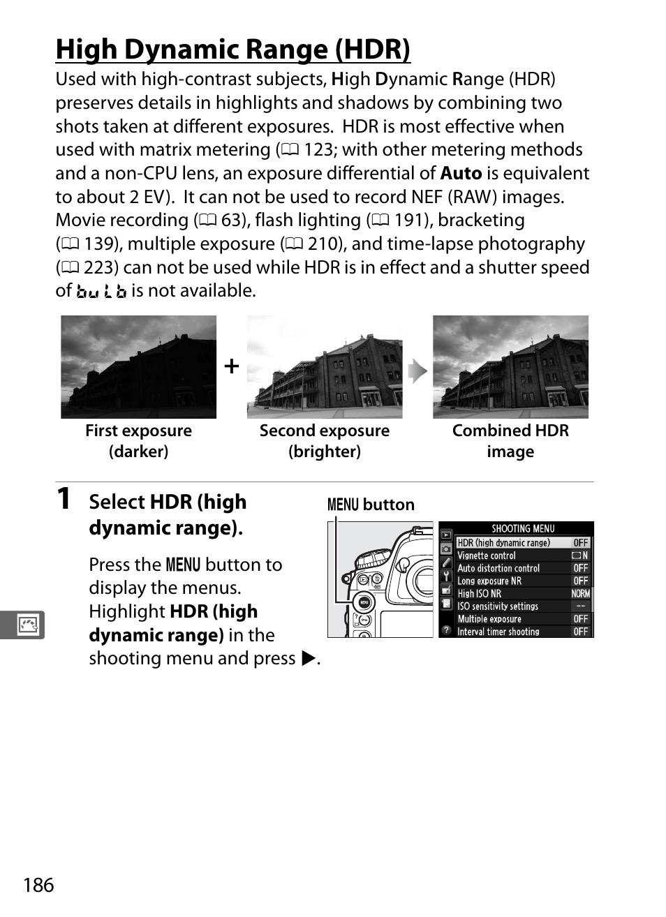 High dynamic range (hdr), 0 186), vig, 0 186) or | Nikon D4 User Manual | Page 212 / 484